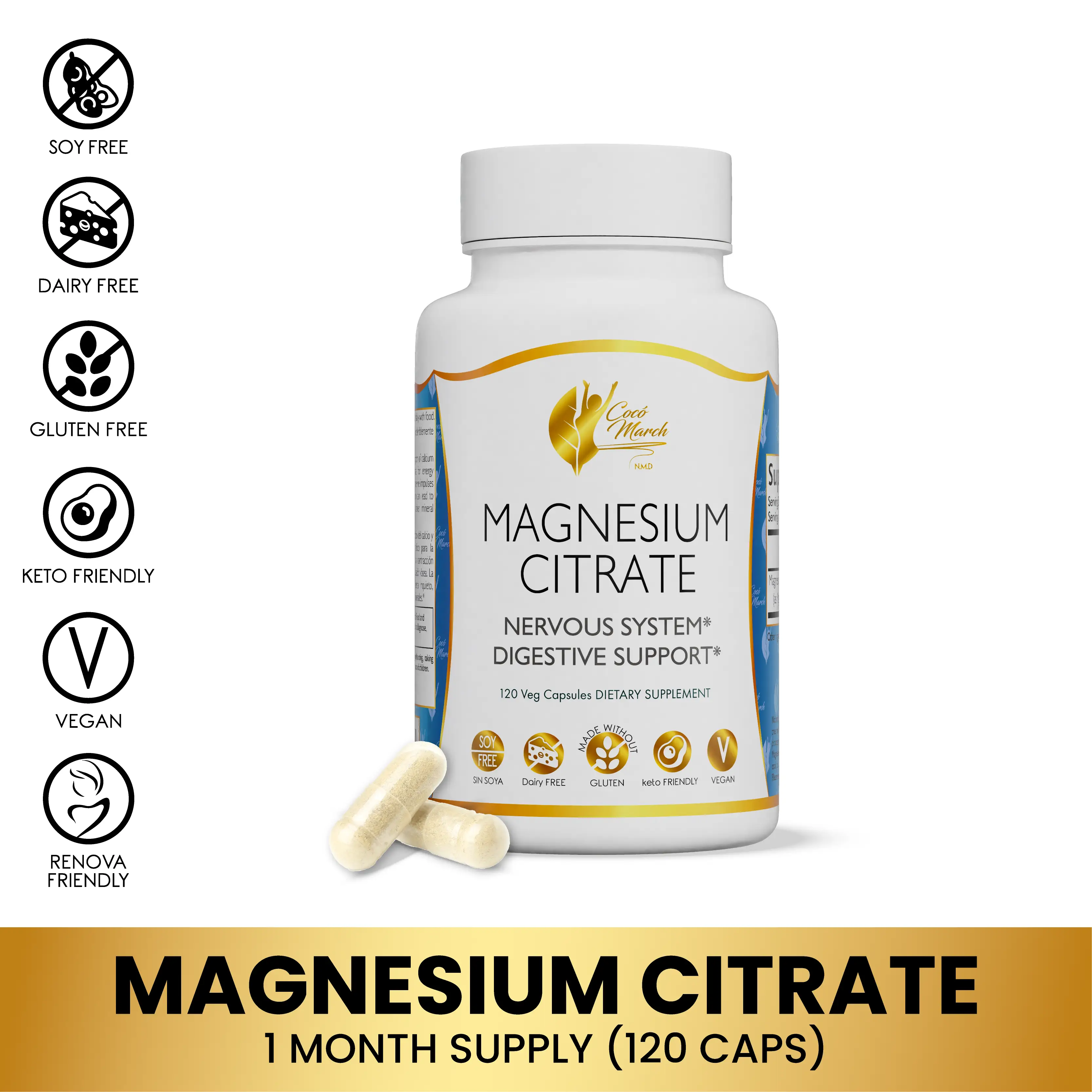 Coco March Magnesium Citrate - Relaxation- Sleep - Nervous & Digestive System Support, Gluten Free - 800 mg per Serving, 120 Capsules