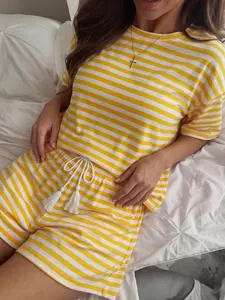 Women's Yellow & White Striped 2-Piece Pajamas Loungewear Set, Short Sleeve Loose Fit Top & High Waisted Tassel Drawstring Shorts, Soft Knit Casual Nightwear