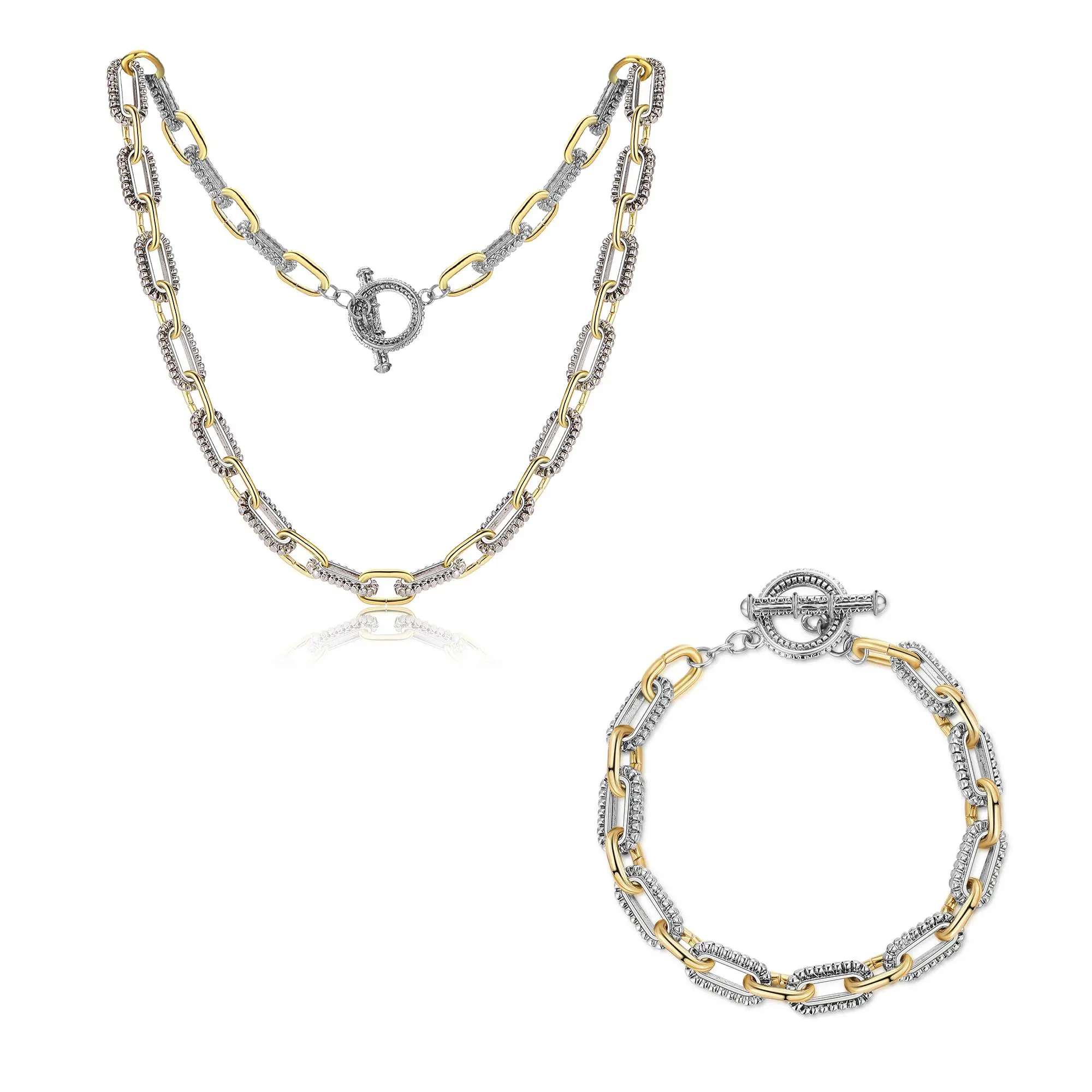Mytys Two-Tone Chain Long Necklace 48cm Bracelet Set - Modern Luxury with Elegant Detailing for Women Chic Classic Jewelry
