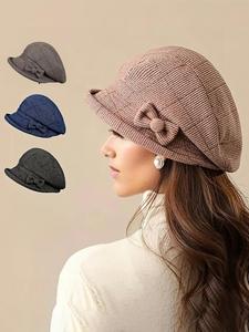 women's elegant plaid pattern bow decor beret, casual trendy hat for fall & winter, fashion accessories for women & girls