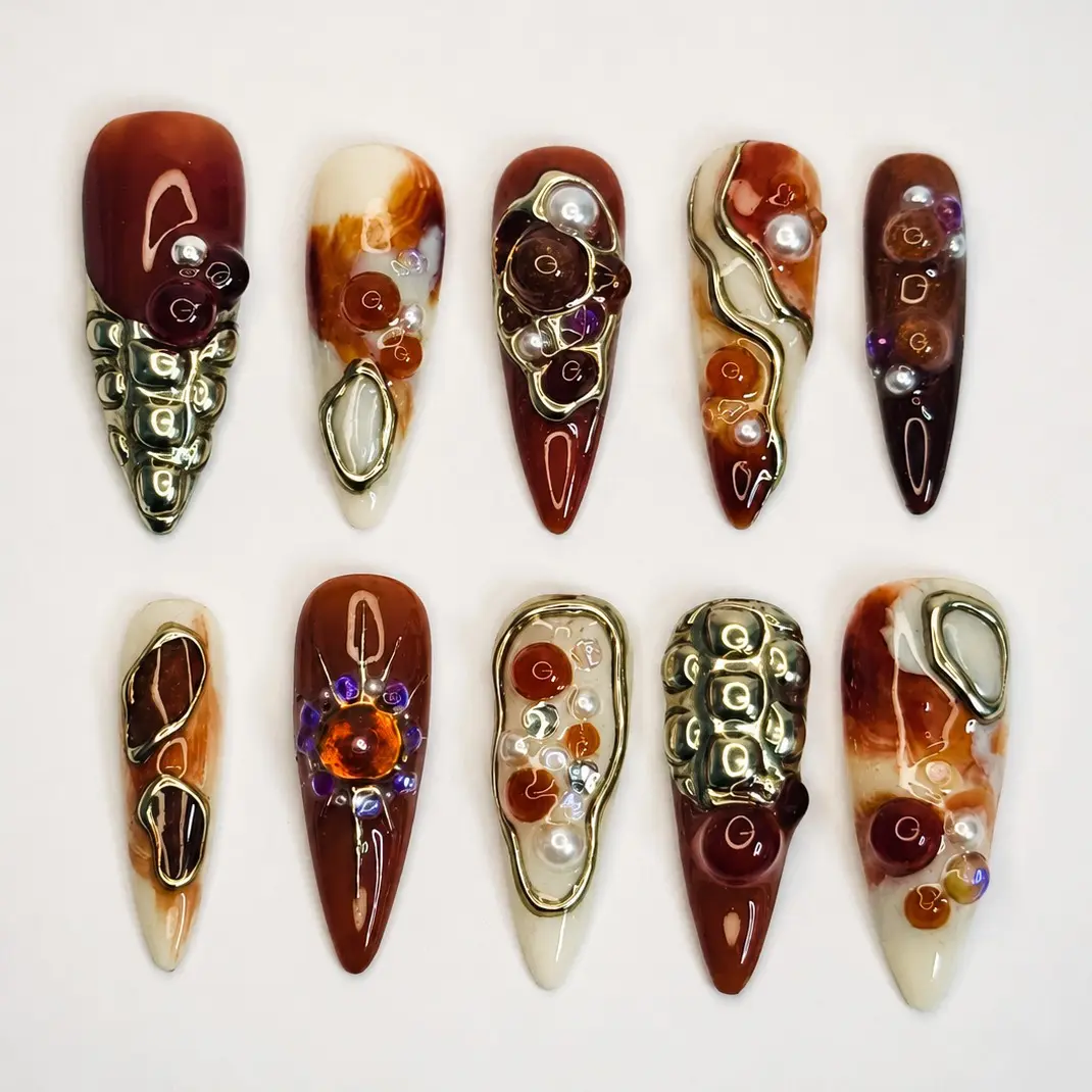 Molten Treasure Long Almond Press On Nails, Luxury Brown Gold Nails, 3D Gemstone Nails, Molten Metal Nail Art