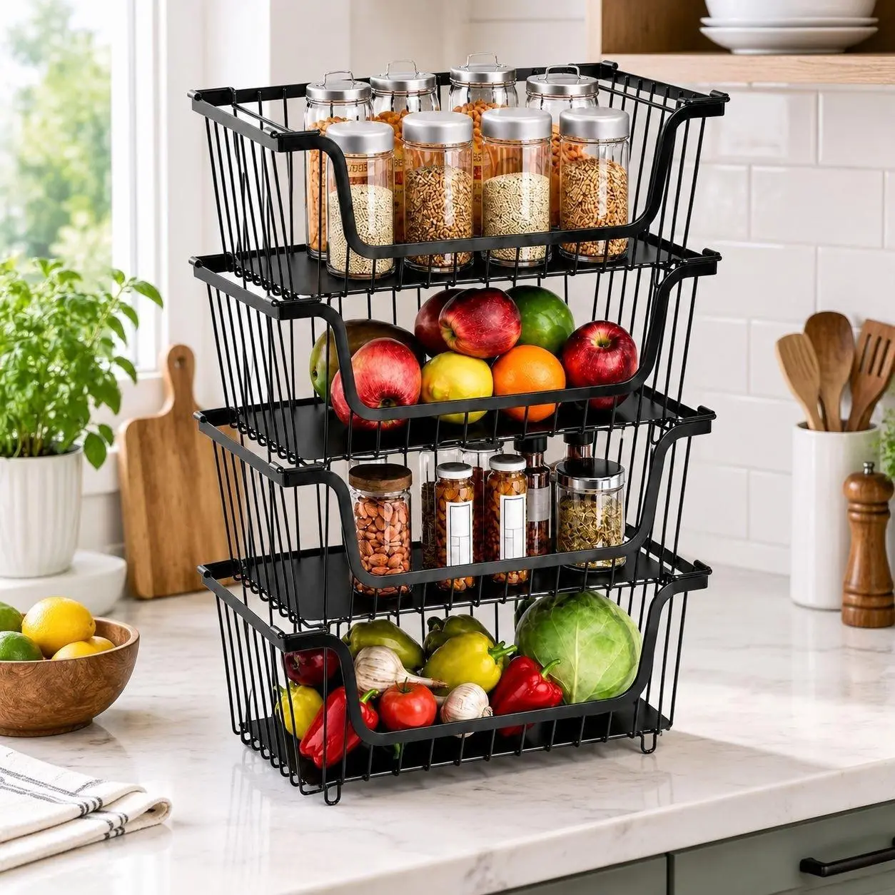 4 Tier Stackable Wire Storage Baskets for Kitchen Organization, Metal Fruit & Vegetable Countertop Rack, Small Space Organizer for Pantry, Bathroom, Dorm - Black