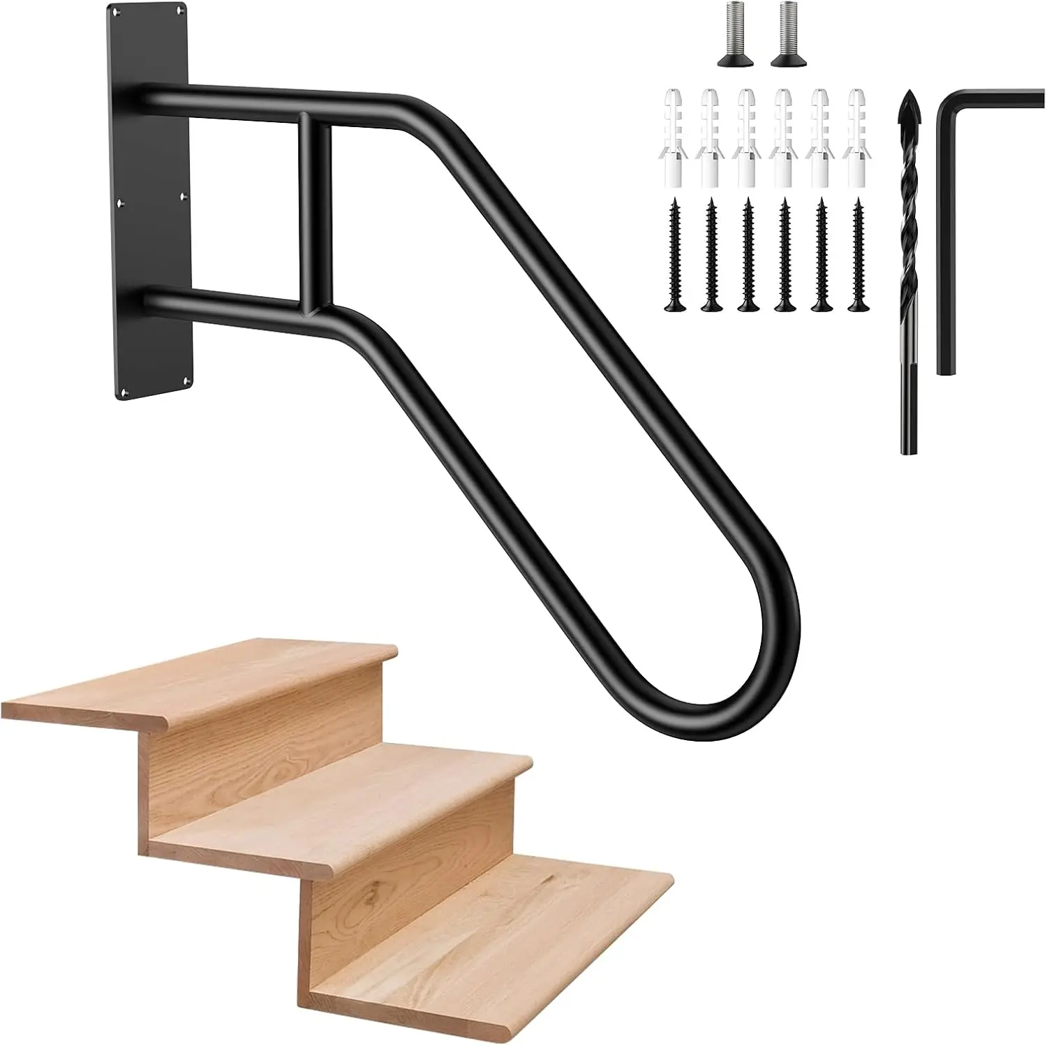 Hand Rails for Outdoor Steps, Black U-Shape Wall Mount Stair Rail | 1-3 Steps Grab Bars Safety Handle for Wall Staircase Garden Garage Porch Entry Interior