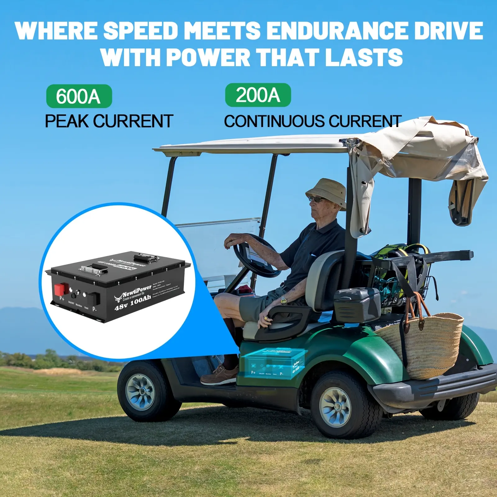 Upgraded Version! Newtipower 48V 100Ah/36V 100Ah Golf Cart Battery with Charger, Built-In 200A BMS with Touch Monitor, Peak Current 600A, Perfect for Golf Carts RV