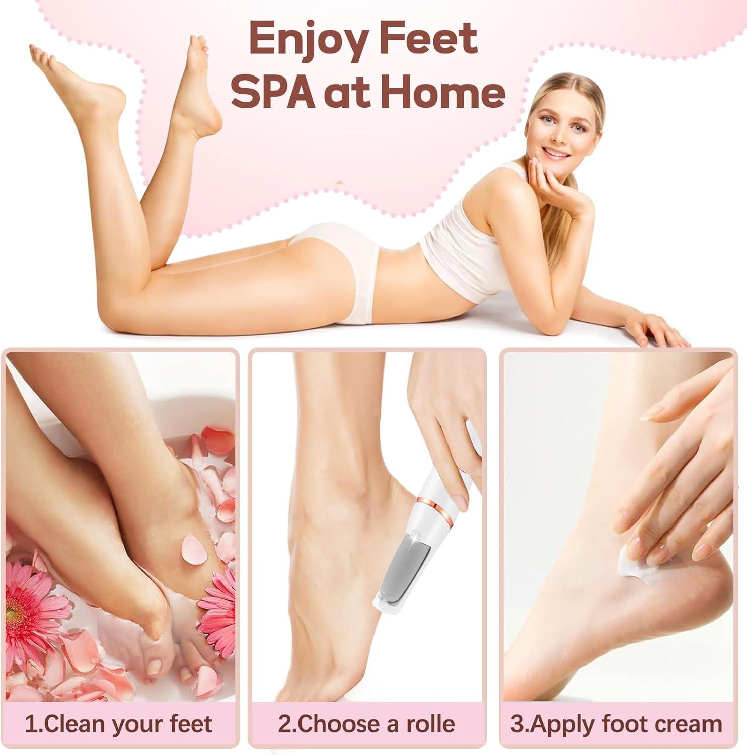 Rechargeable Portable Electric Foot Smoother - Waterproof Sand Roller Heads, ABS, Travel Size, Lightweight Pedicure Tool for Adults' Rough Dry Skin & Cracked Heels, Callus Shaver for Feet, Ideal Daily Care Gift (White)