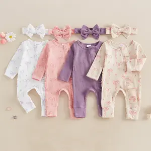 Newborn Baby Girl Fall Waffle Romper Jumpsuit Bow Print Long Sleeve Zipper Ruffle Bodysuit with Headband Clothes Set