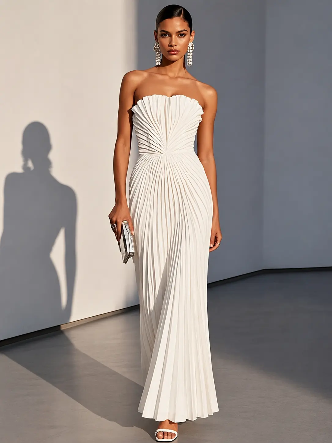 FEHAUTE Strapless Pleated Satin Maxi Dress Lace Up Back Built-In Bra Evening Cocktail Formal Party Dress Evening Party Dresses Chic