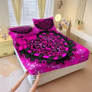 3Pcs Gothic Romantic Hot Pink Heart Fitted Sheet Set, Y2K Goth Glam Aesthetic with Black Ruffled Border and Satin Bow, Sparkly Glitter Background, Ideal for Edgy Bedroom Makeover, Embrace Your Unique Style! Includes 2 Pillowcases, No Pillow Core
