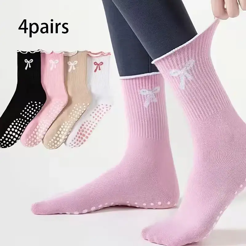 4 Pairs Women Non Slip Pilates Socks, Cute Bow Embroidered Ruffled Trim Crew Socks, Anti-Slip Silicone Grips Mid Calf Socks for Yoga, Barre, Fitness & Daily Wear