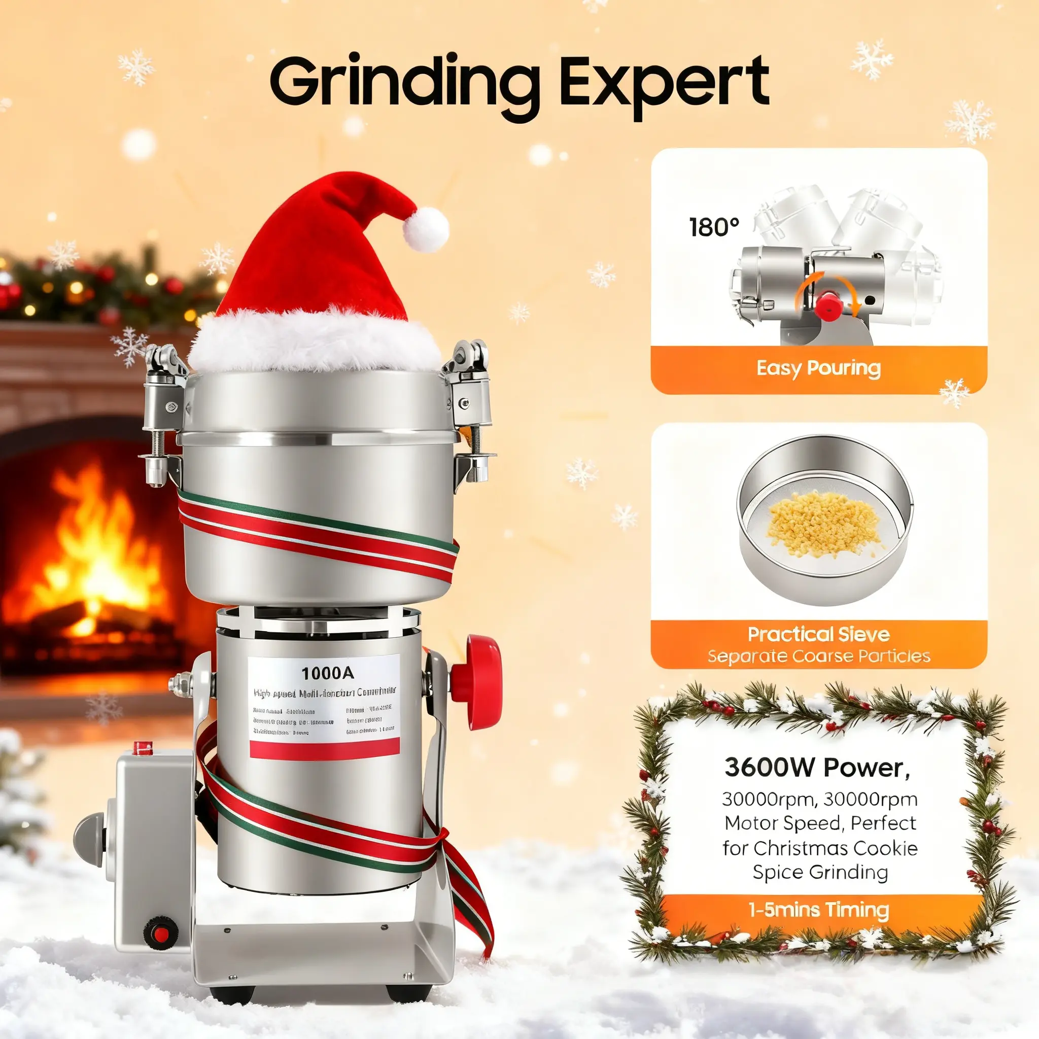 3600W Commercial Stainless Steel Automatic Electric Grain Grinder - 2.2lbs Large Capacity Rice Milling Machine for Rice Flour, Wheat, Coffee, Spices - Heavy Duty for Home Kitchen & Small Business