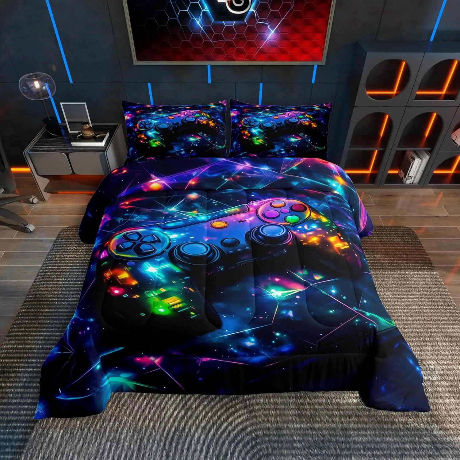 Feelyou Kids Microfibre Bedding Set - Gamer Look 3D Duvets & Sets, Soft Breathable Fabric, Digital Print Galaxy Gaming Design, Glitter Gamepad Accent, Toddler & Queen Sizes, Machine Washable Teen Bedroom Decor