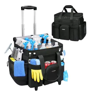 Ytonet Cleaning Caddy with Wheels, Large Rolling Cleaning Caddy Bag with Detachable Trolley for Housekeepers, Water Resistant Cleaner Supplies Organizer with Wheels for Kitchen, Car, Tool Organizer