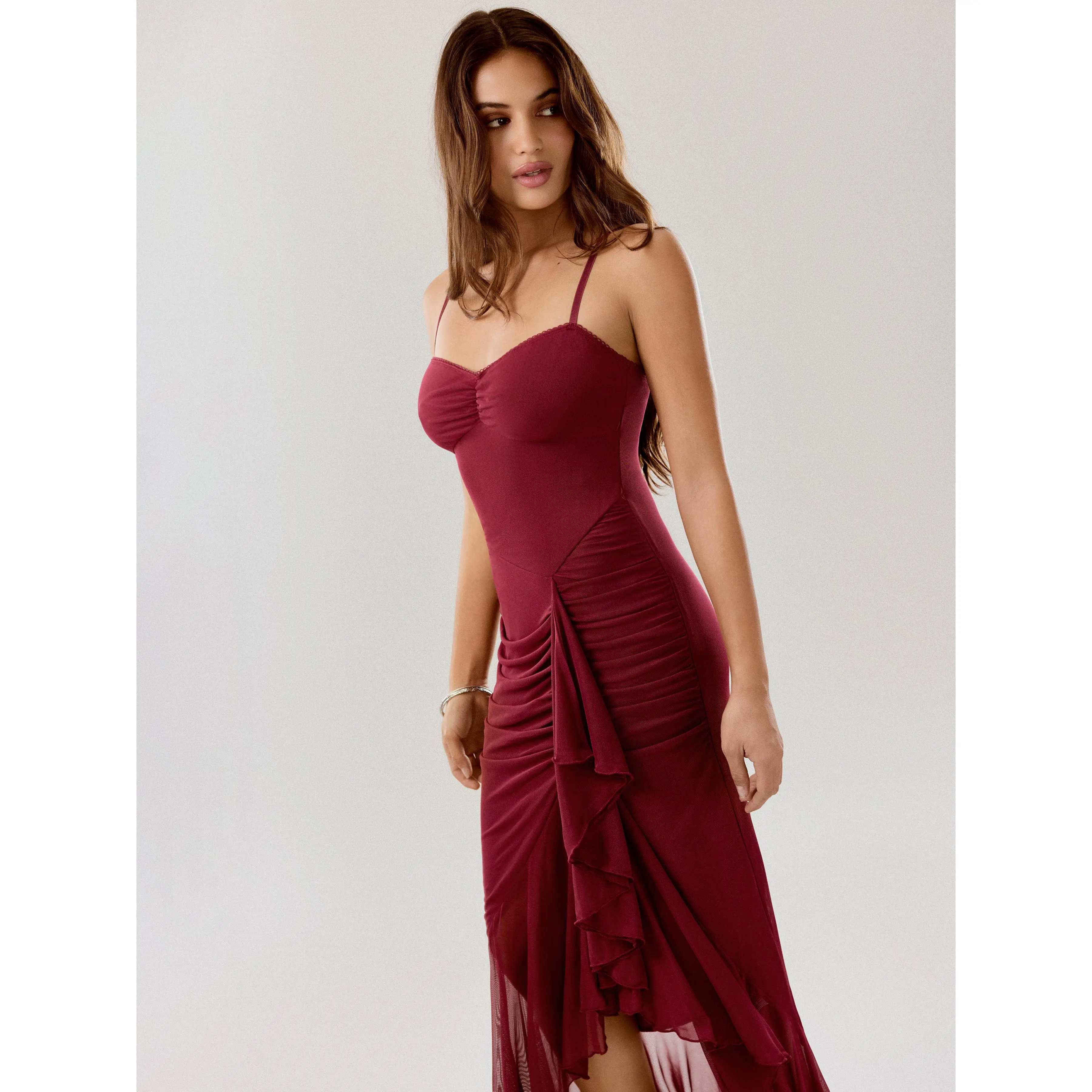 Cider Mesh Sweetheart Ruched Draped Ruffle Maxi Dress - TikTok Shop