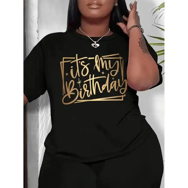 Plus Size Women Golden It's My Birthday Graphic Tee Stretchy Round Neck Relax Fit Summer Casual Birthday Shirt