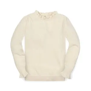 Hope & Henry Girls' Organic Long Sleeve Ruffle Edge Sweater, Ivory Dot Texture, Medium