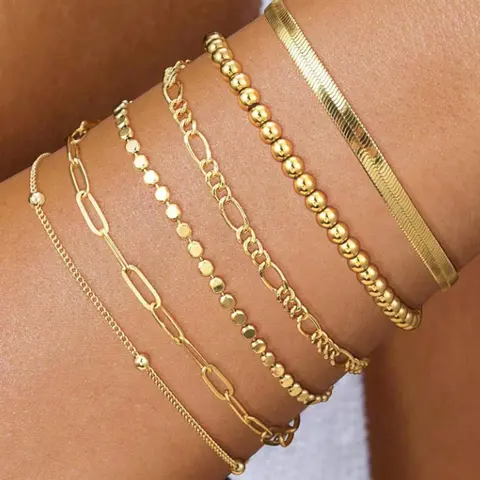 Women's Minimalist Chain & Beaded Stackable Bracelets, Bracelets Stacking, Beaded Bracelet Set, Vintage Jewelry As Gift for Girlfriend, Metal Bracelet