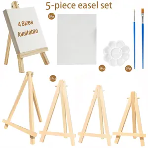 5 Pcs, Art kit, Easel + artboard + palette + brushes 5-piece set, Mini Art Boards & Easels & Paint Brush, White Mini Canvas Panels with Wooden Easels for Painting - Tabletop Art Display Set for Artists & Hobbyists, Art Supplies, multi-functional
