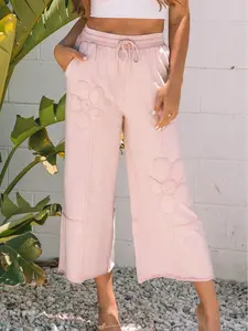 Pink Flower Patch Mineral Washed Terry Knit Cropped Wide Leg Pants, Perfect For Creating A Stylish and Effortless Outfit With A Touch Of Bohemian Flair.