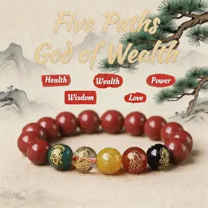 Five Fortune Gods Prosperity Bracelet withCinnabar Beads for Wealth Attraction & PositiveEnergy - Taoist Master Blessing Chinese Feng ShuiElegant Bangle Five Elements Balance
