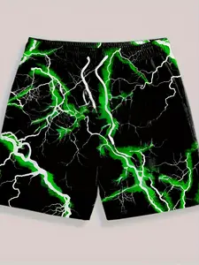 Men's Lightning Pattern Printed Casual Shorts - Black with Fluorescent Green Lightning Design, Elastic Waistband with Drawstring, Loose Fit, Machine Washable Polyester Fabric, Summer Casual Wear, Smooth Texture for Adjustable Comfort