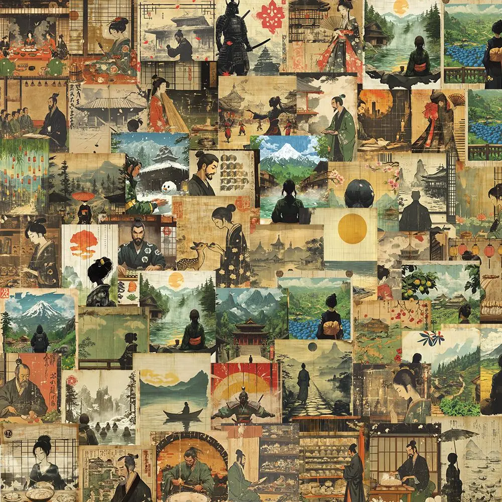 Vintage Japanese Painting Artwork Sticker, 50pcs/set Japanese Style Artistic Decorative Sticker, DIY Decals for Water Bottle, Laptop, Cellphone, Phone Case, Scrapbooking, Journal Making, Screen Protector