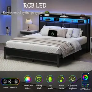 Twin/ Full/ Queen/ King Bed Frame With Storage Headboard, LED Bed Frame With Charging Station, Upholstered Platform Bed Frame With Heavy Duty Metal Slats, No Box Spring Needed, Easy Assembly, Black/ White/ Beige