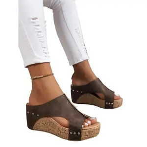 Women’s fashionable solid-color wedge sandals, elegant sandals, summer casual comfortable open-toe brown sandals, everyday women’s full-wedge shoes, walking shoes, footwear