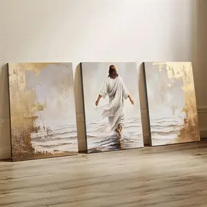 3pcs Wooden Framed Jesus Christ Walking On Water Canvas Wall Art, Christian Faith-Inspired Painting with Soft Muted Tones & Golden Accents, Waterproof & Durable for Indoor/Outdoor Use, Perfect for Bedroom, Living Room, Office, or Dormitory Decor