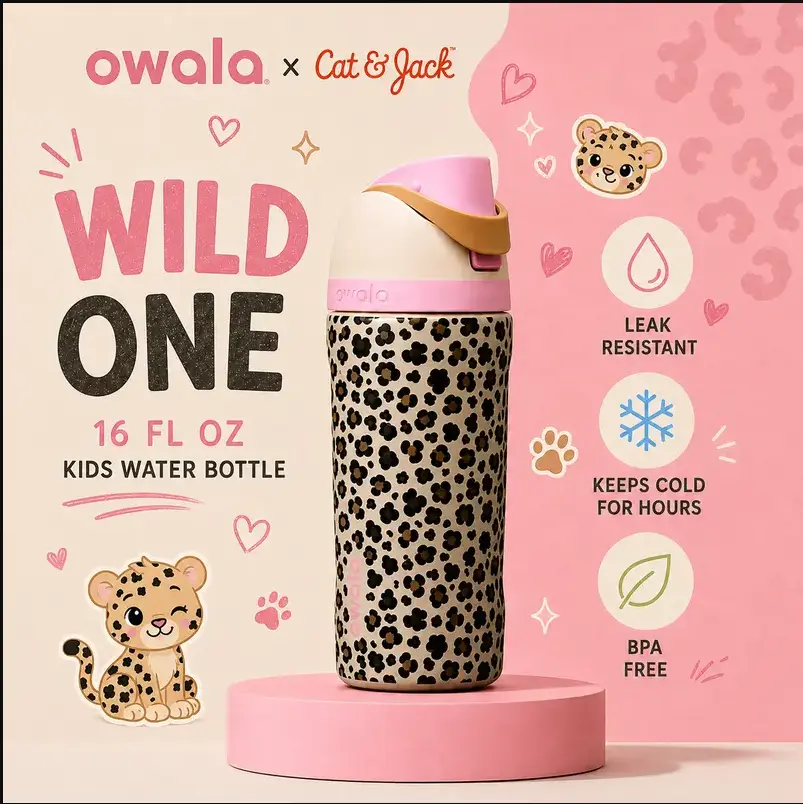 Owala x Cat & Jack Wild 16oz Water Bottle FreeSip Lid Leopard Print Insulated Stainless Steel Leakproof Travel Gift**