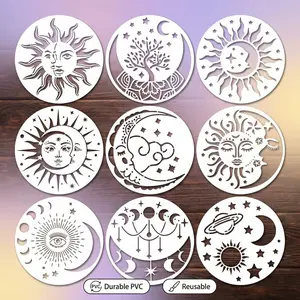 9pcs Celestial Mandala Template Set, Reusable Ivory Plastic Templates for DIY Painting & Wall Decor, Solar System Designs for Home Art, Durable PVC