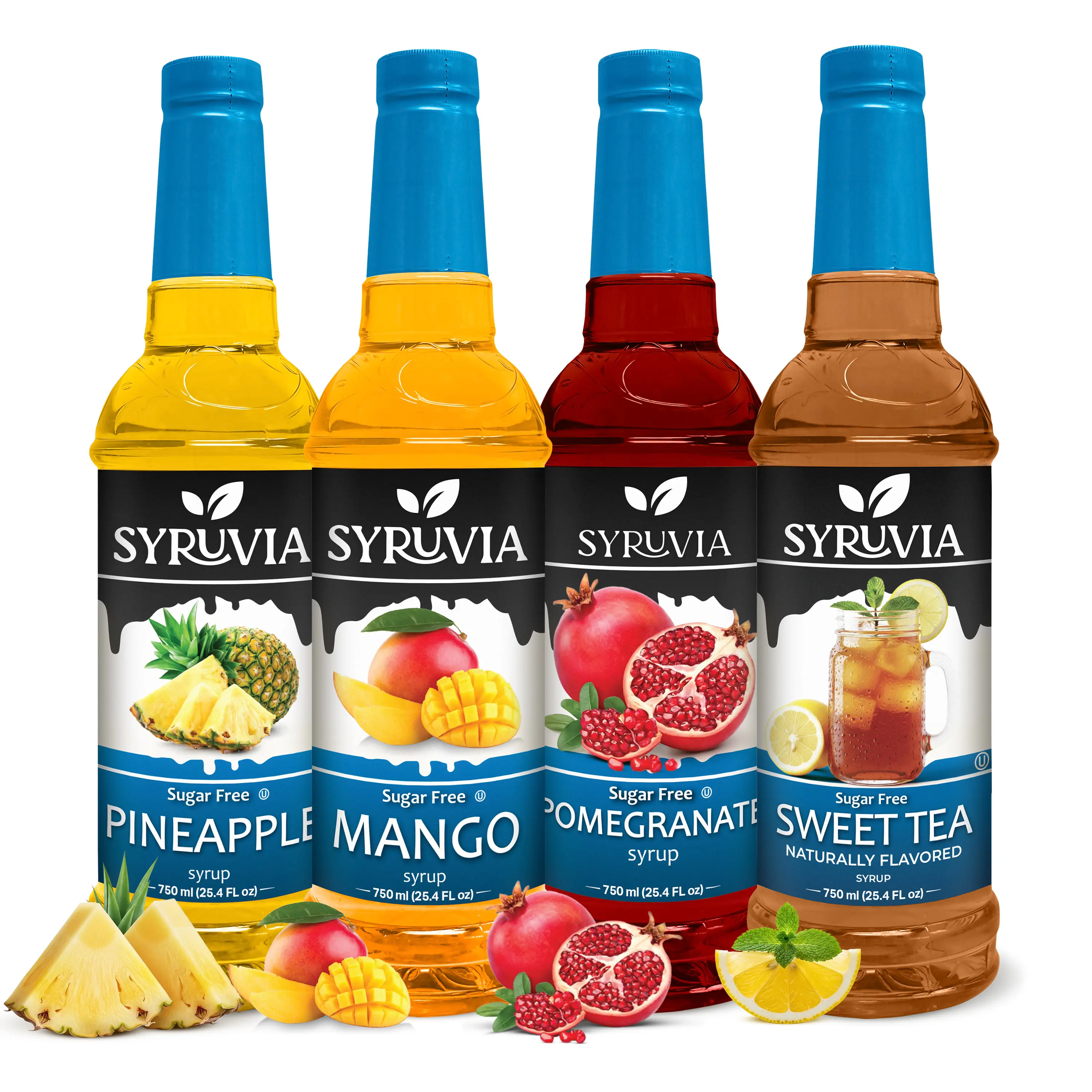 Syruvia No Sugar Added Syrup 4-Bottle Variety Pack - Tropical Mix Flavors (Mango, Pineapple, Pomegranate, Sweet Tea) - Gluten-Free, Kosher, 25.4 fl oz - Great for Iced Tea, Mocktails, Flavor