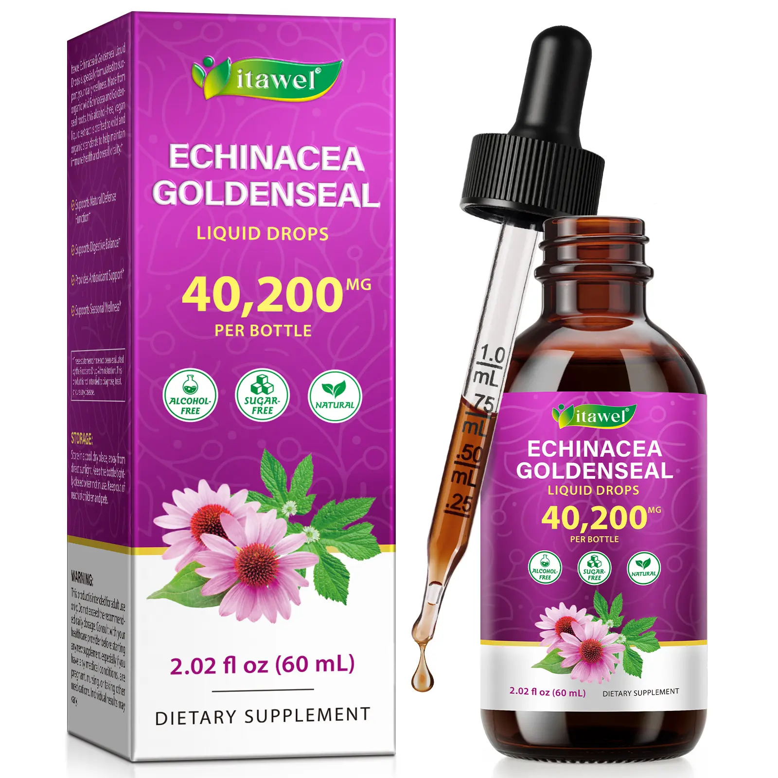 60ML Goldenseal & Echinacea Extract Liquid Tincture, Dietary Herbal Supplement for Immunity Boost, Healthy Respiratory Function (2oz), Edible
