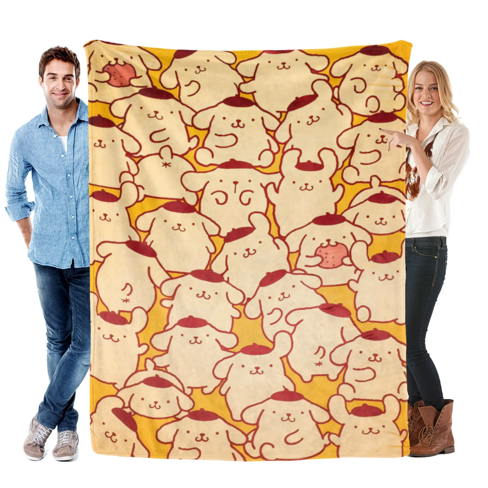 [Summervibes] Sanrio Cute Outline Repeat Pom Pom Purin Blanket - Soft Cozy Cartoon Print, Machine Washable, Match Complete Pompompurin Bedding Plush Blanket Set For Bedroom Styling