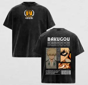 Katsuki Bakugou My Hero Academia Anime Graphic Tee, Vintage Washed Black Oversized T-Shirt, Premium Cotton Streetwear Tshirt, Plus Ultra UA Logo Anime Gift