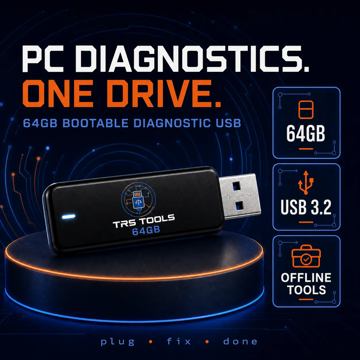 TRS Tools 64GB USB 3.2 High-Speed Flash Drive - Emergency Boot Toolkit, Non-Booting System Diagnostic & Repair Solution with File Access Functionality