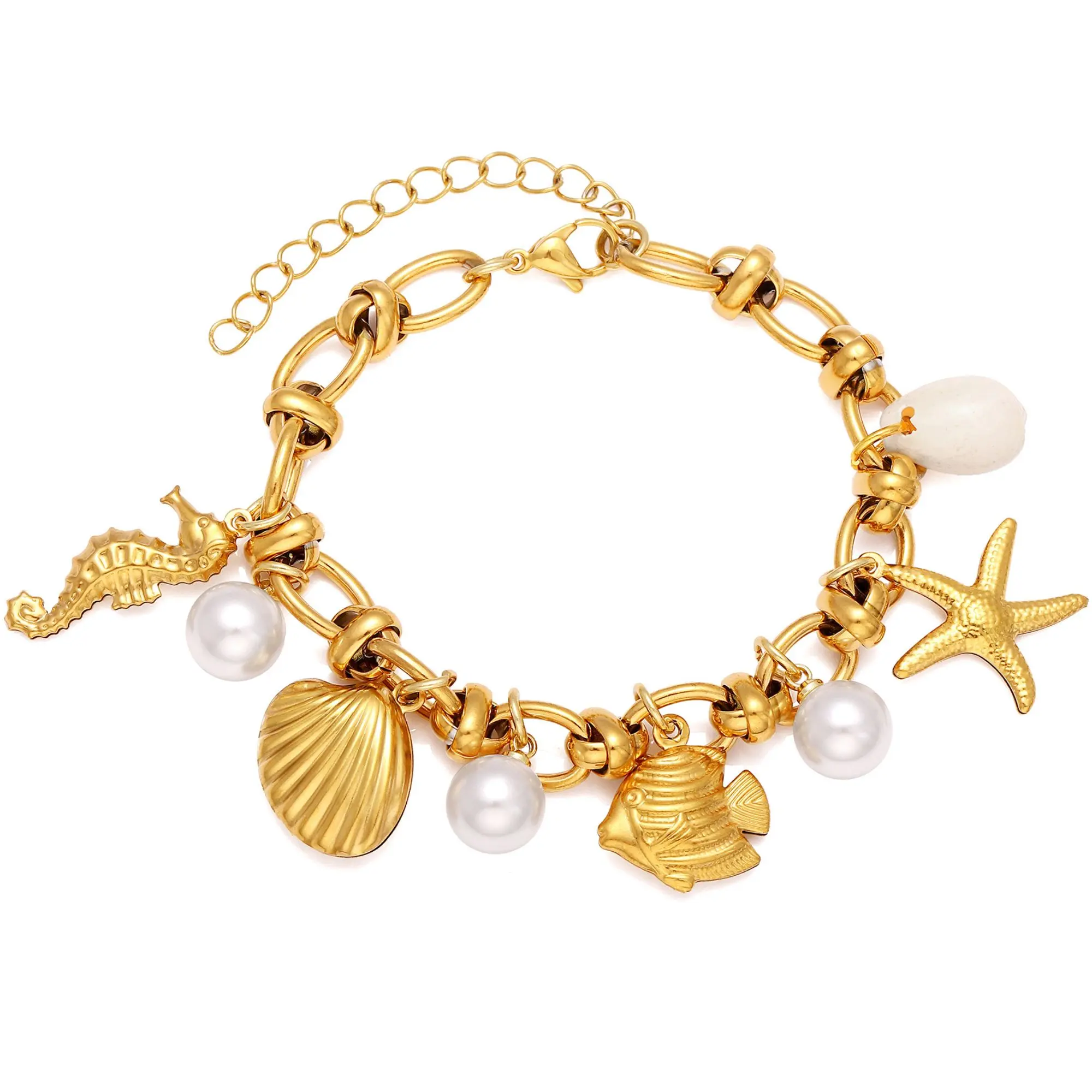 Seashell Charm Bracelet Stainless Steel 7-9" Ocean Jewelry by Ginger Lyne