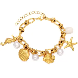 Seashell Charm Bracelet for Women by Ginger Lyne | Stainless Steel Simulated Pearls Fish Starfish and Shells Adjustable 7-9 " Length |Vacation Beach Jewelry for Her