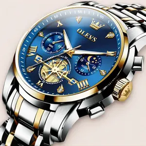 OLEVS 2856 Quartz Watch for Men Flywheel Skeleton Chronograph Moon Phase Multifunctional Stainless Steel Wristwatches with Luminous Hands & Water-Resistance