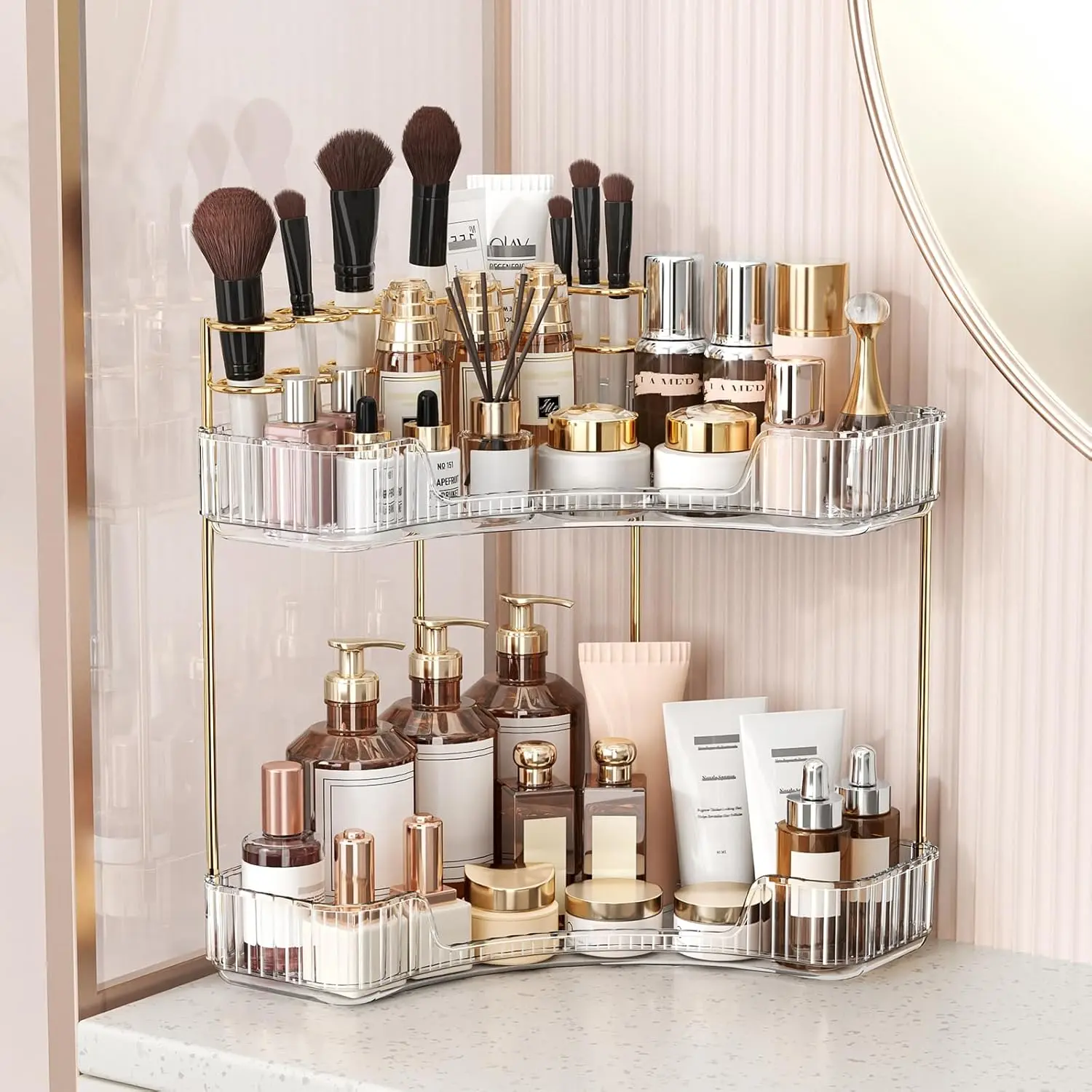2-Tier Corner Bathroom Counter Organizer, 2-tier bathroom organizer,Countertop Perfume Tray and Vanity Organizer, Makeup Cosmetic Storage, Corner Storage Organizers for Bathroom, Dresser, Kitchen
