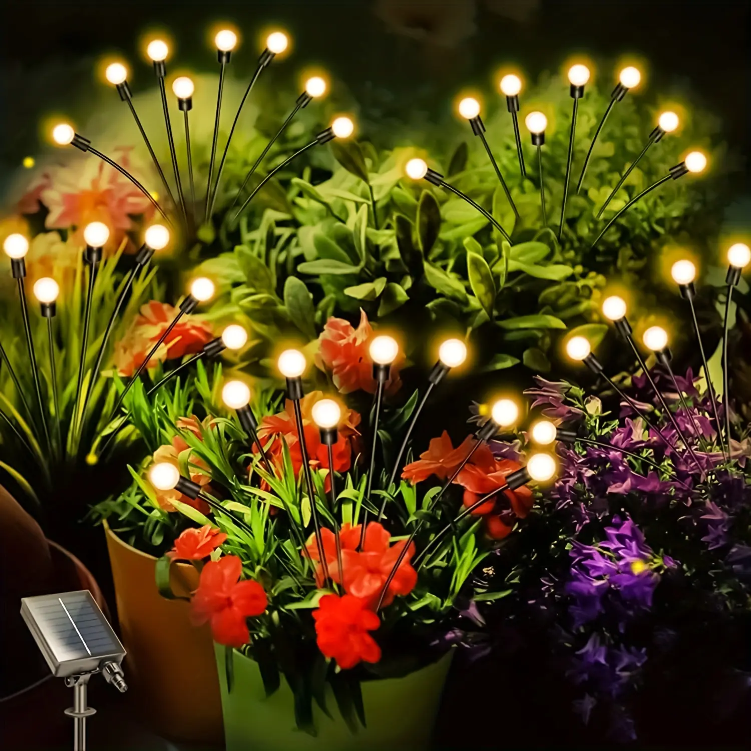 HXWEIYE Solar Firefly Garden Lights - 4-in-1 40LED/2-in-1 16LED Flashing Solar-Lit Decorative Lamps with Divider, Warm White, Wind-Swaying, Tangle-Resistant for Gardens, Paths, Christmas, Solar Outdoor Lights, Water Resistant