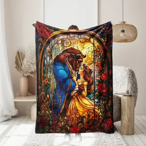 1PC Beauty and Beast Cartoon Printing, skin -friendly, warm, soft, four seasons, family office travel thickened flavor blankets Suitable for beds and sofas can also be given as a gift
