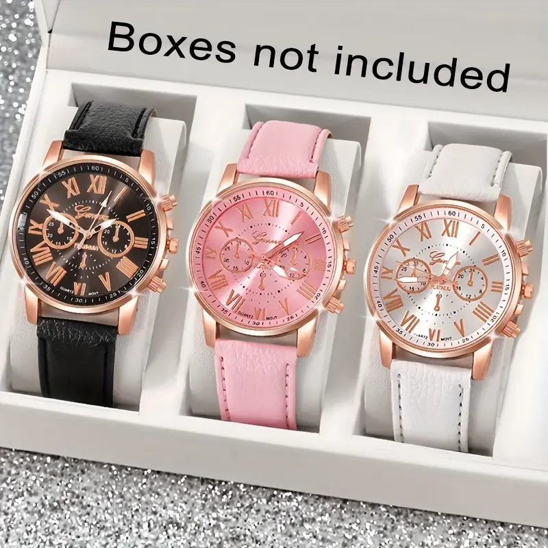 Set of 3 Stylish Roman Numeral Quartz Watches for Women - Trendy Round Face with Band, Ideal Gift Suggestion