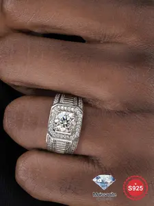 S925 Sterling Silver Synthetic Moissanite Ring, Emerald Cut Solitaire Ring, Luxury Engagement Ring for Men, Fashion Jewelry Accessories for Party, Trendy All-match & Exquisite Jewelry for Birthday Gift