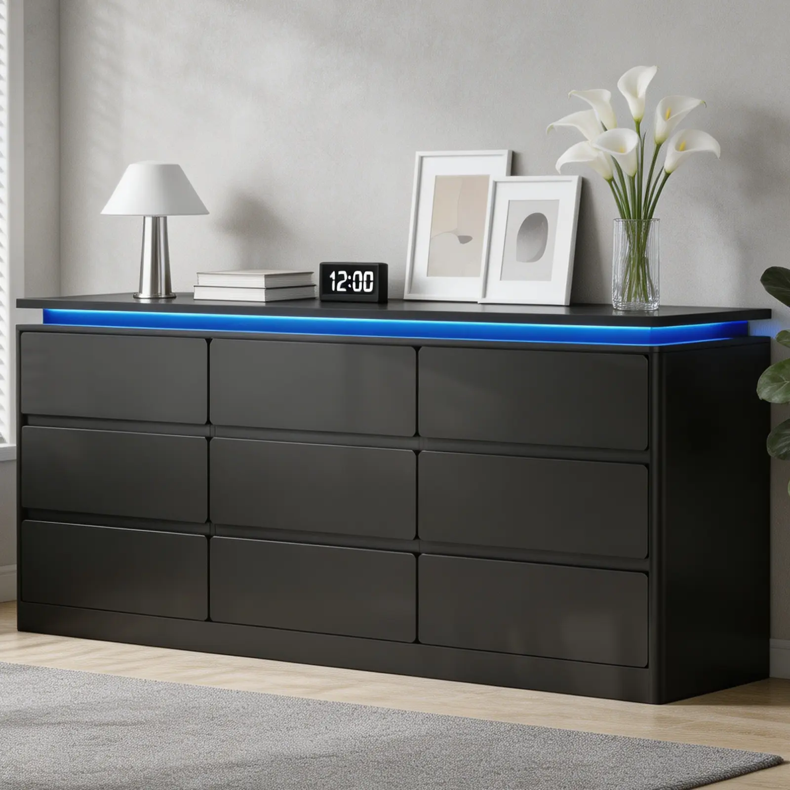 Loomie 9-Drawer MDF Modern Wooden Dresser - 63" Wide Multi-Compartment Drawer Bedroom Furniture with LED Lights, Charging Station, Curved Profile, Storage and Charging Port Functionality, TV Stand for Bedroom, Black (Light Up Your Space)