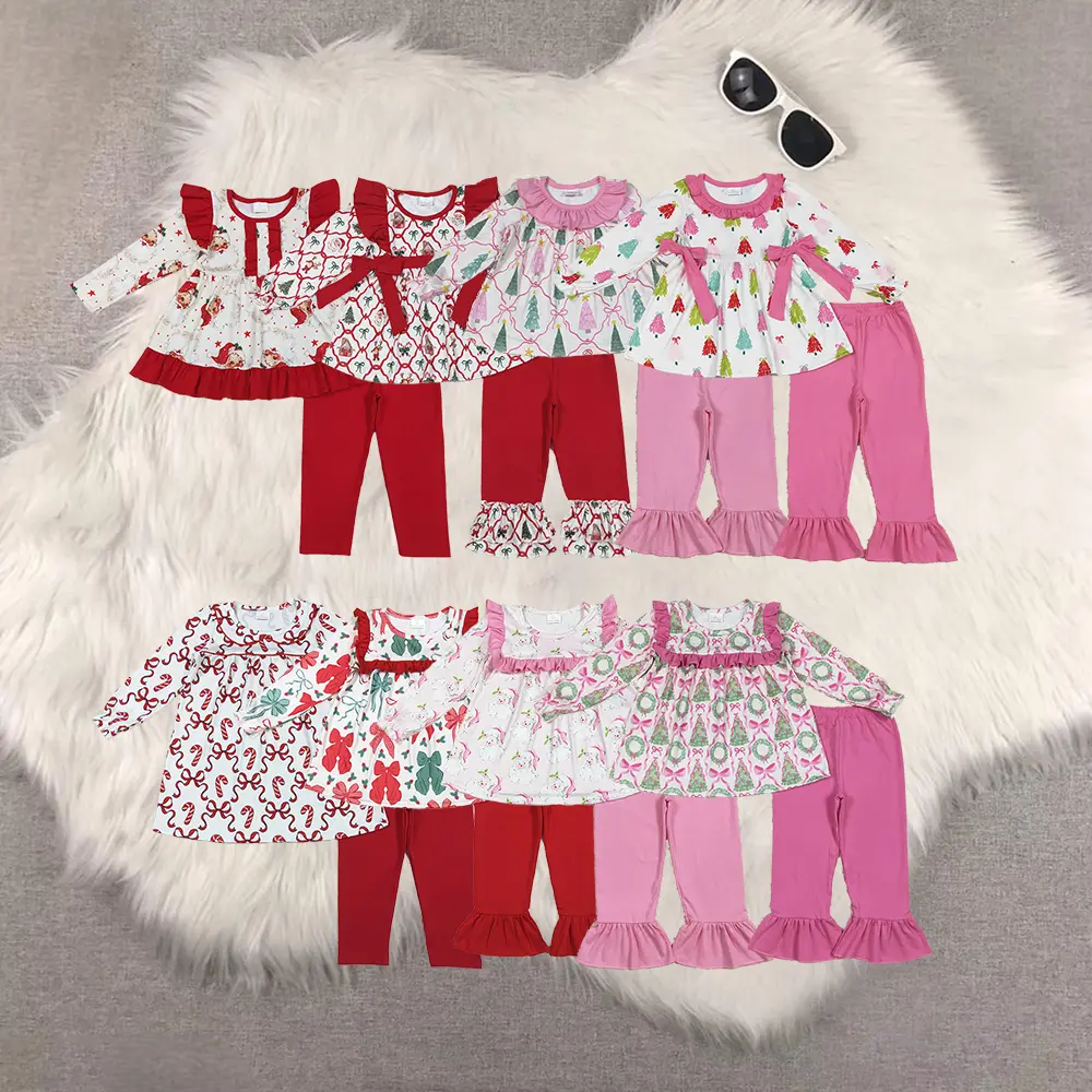 New Cute Sibling Girls Pink Bow Christmas Tree Tunic with Ruffle Pants Festive Holiday Outfit for Kids
