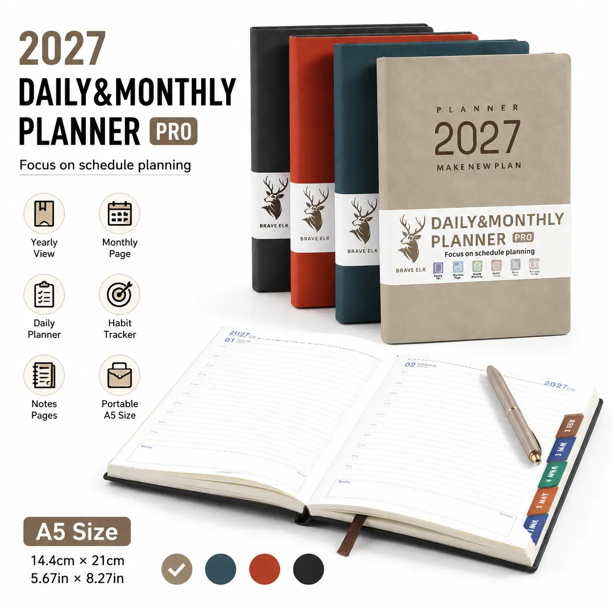 2027 Pro Edition A5 Soft Leather Daily & Monthly Planner - 320 Pages Habit Tracker Journal, Budget Expense Organizer with To Do List, Monthly Tabs, Portable Work/School Schedule Book-YY