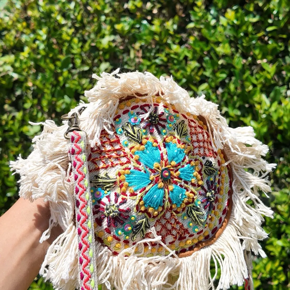 Hand Stitched Boho Style Purse with Fringe in India - Cream
