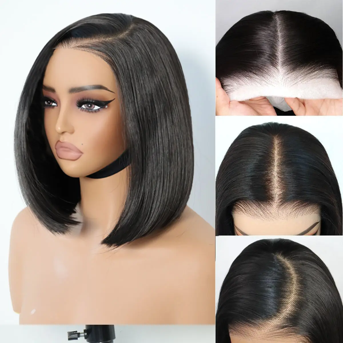 U&A Hair 9x7 Glueless Synthetic Wear and Go Bone Straight Wigs Double Drawn Bob Wig High Density, Vivid Self Growing Clean Hairline with Tiny Knots
