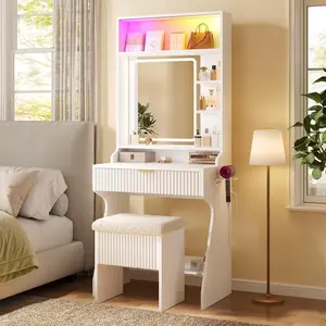 HAUOMS Small Vanity Desk with Mirror and Lights, Sound Sync LED Lights, Fluted Wood Compact Makeup Vanity Table Set with Teddy Fleece Chair, Storage Drawer, Shelves, Bedroom