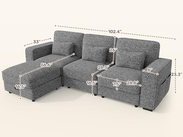 102" Convertible Sectional L-Shaped Sofa Couch with Storable Ottoman,Deep Seat Sofas for Living Room,Bedroom Apartment,with USB Type-C Ports and Pillow (Chenille,Beige)